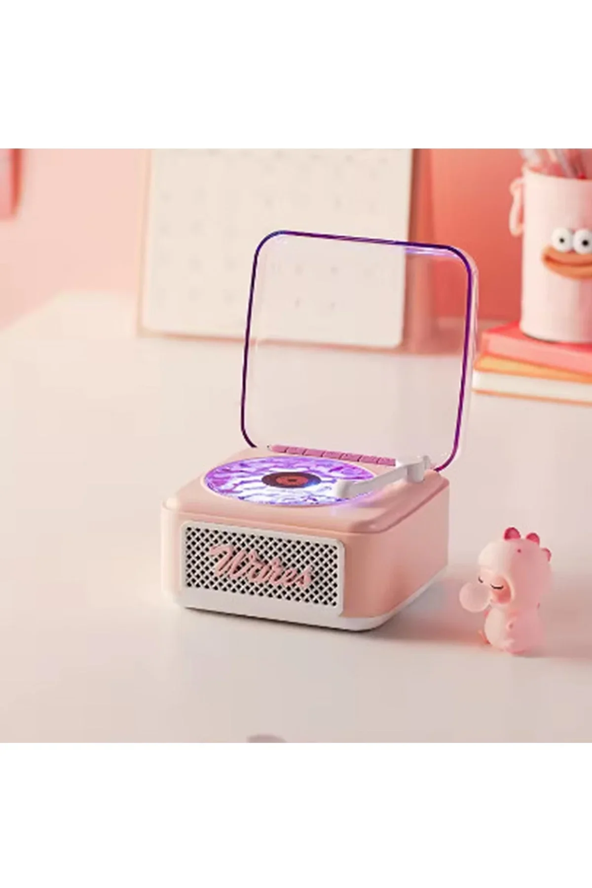 Nostalji Mini Plak Görünümlü Radyolu Bluetooth Hoparlör 3d Ses Dalgası Retro Müzik Plak Pembe - Just Cheap Store Görsel 4
