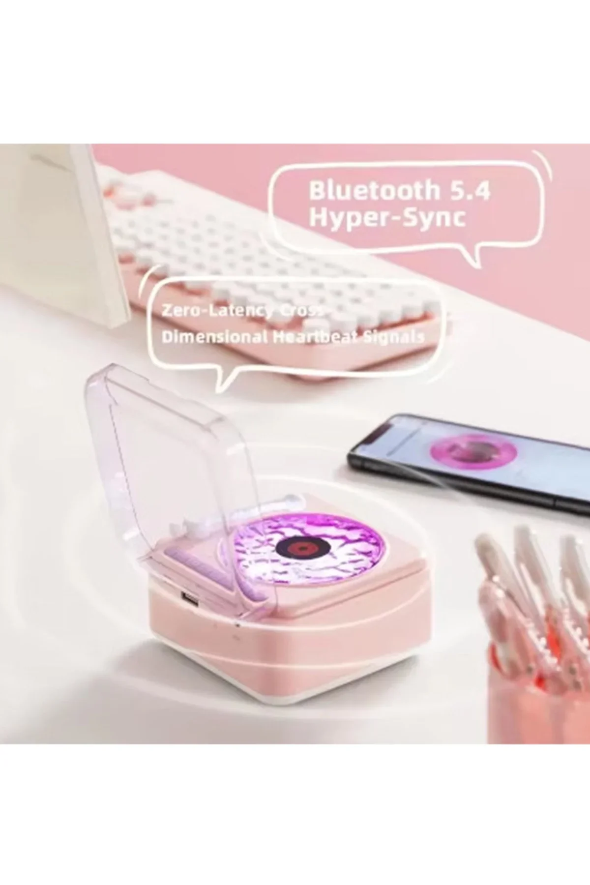 Nostalji Mini Plak Görünümlü Radyolu Bluetooth Hoparlör 3d Ses Dalgası Retro Müzik Plak Pembe - Just Cheap Store Görsel 3