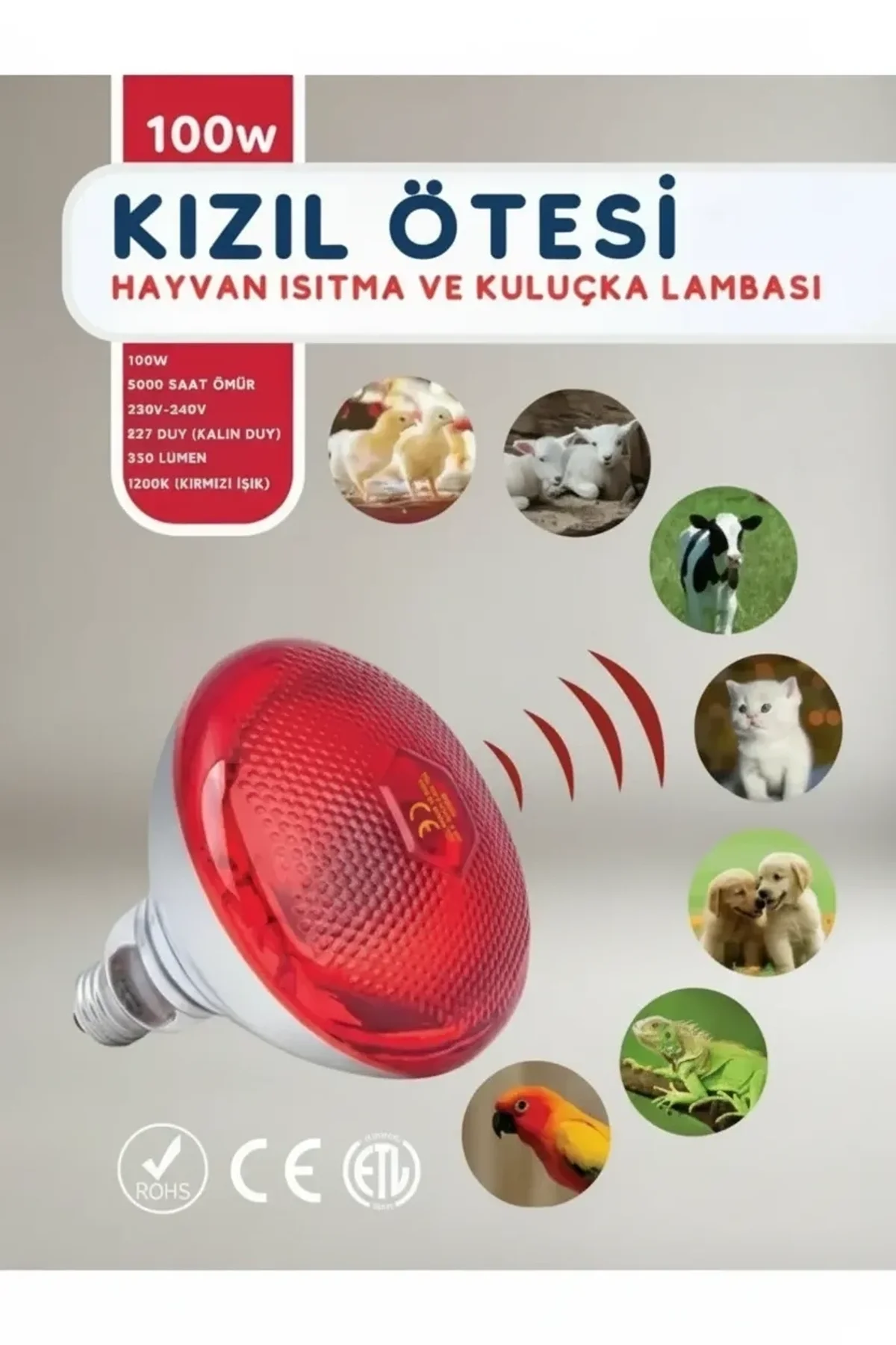100w Kızılötesi (infrared) Isıtıcılı Hayvan Isıtma Ve Kuluçka Lambası (kırmızı Işık) E27 (kalın Duy)