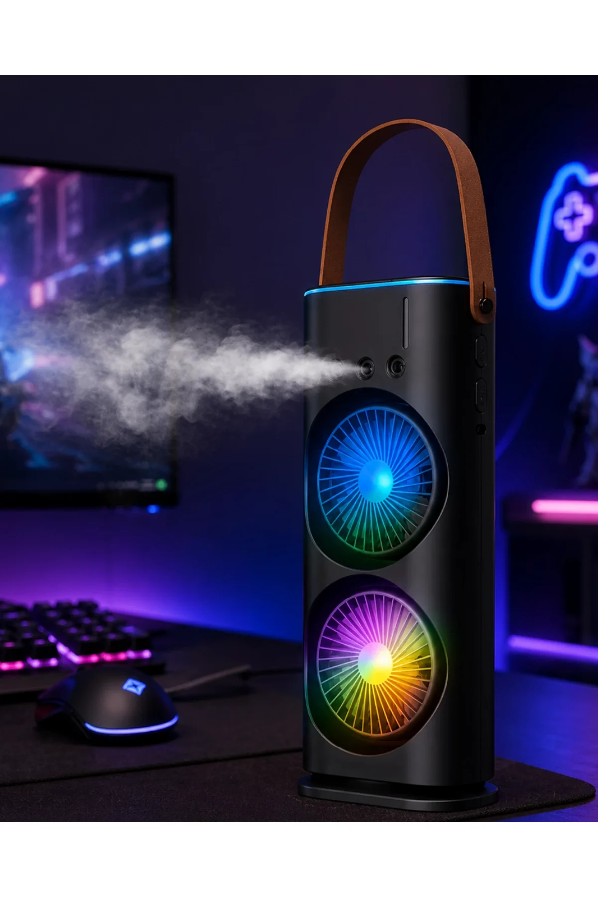 Rgb Işıklı Spreyli Masa Fanı Çift Motorlu Güçlü Üflemeli Taşınabilir Fan