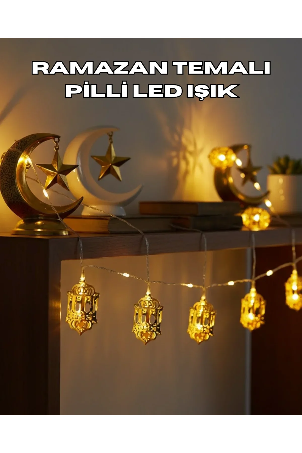 Ramazan Dekoru İçin Pilli Led Işık Altın Fener Tasarımlı