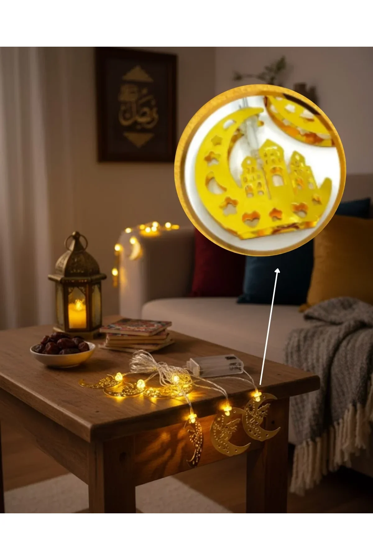 Ramazan Minare Detaylı Hilal Led Işık Günışığı Sarı Metal Süs - Just Cheap Store Görsel 3