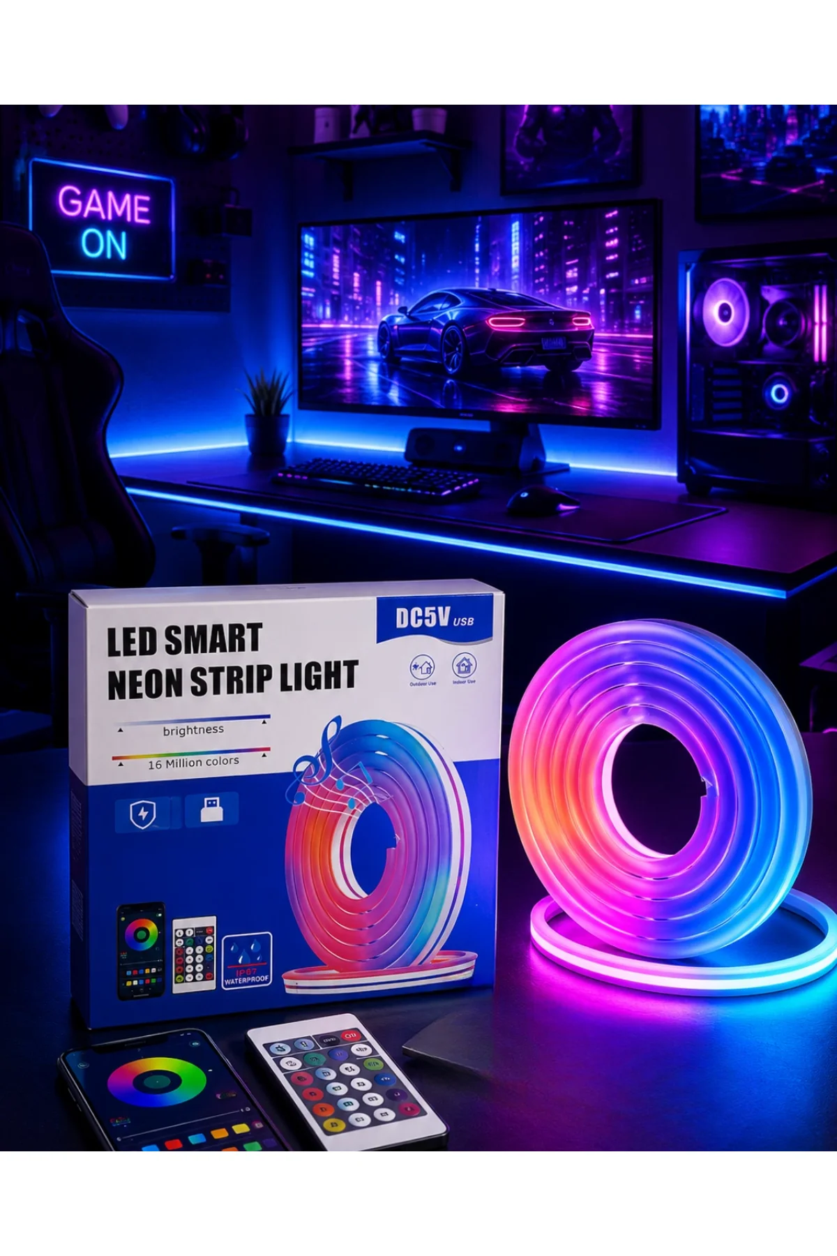 Rgb Neon Led Şerit Işık Kumandalı Usb Girişli Su Geçirmez Şerit Led