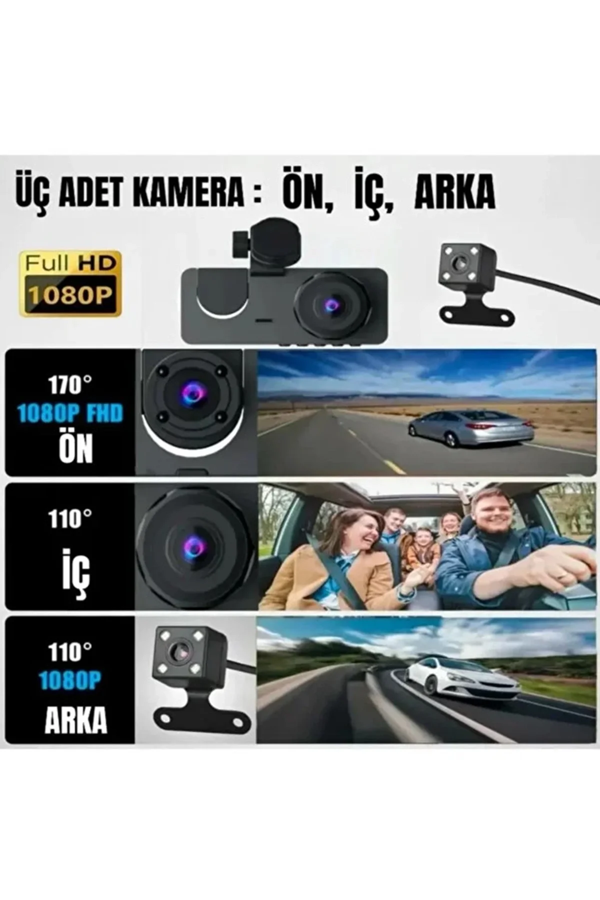 1080p Full Hd Çözünürlüklü Üç Kameralı Araç İçi Kamera - Park Ve Sürüş Güvenliği - Just Cheap Store Görsel 3