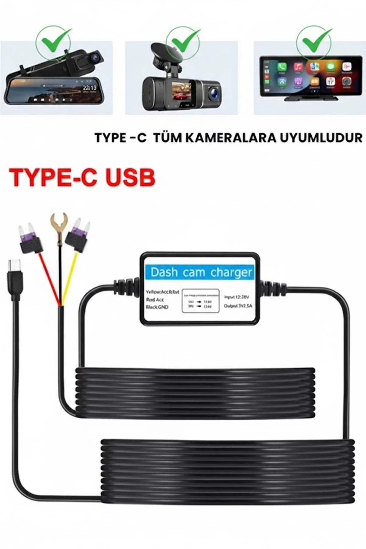Park Modu Kablosu Type-c Akü Sigorta Bağlantı Kablosu Araç İçi Kamera Tüm Kameralara Uyumlu