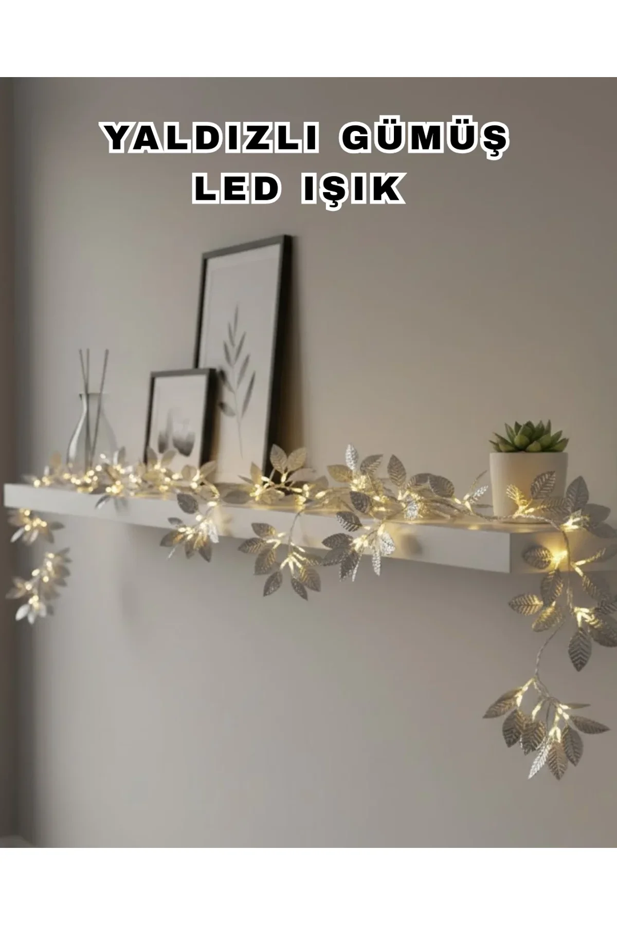 Yaldızlı Gümüş Yaprak Led Işık Pilli Dekoratif Ortam Ve Yılbaşı Aydınlatması
