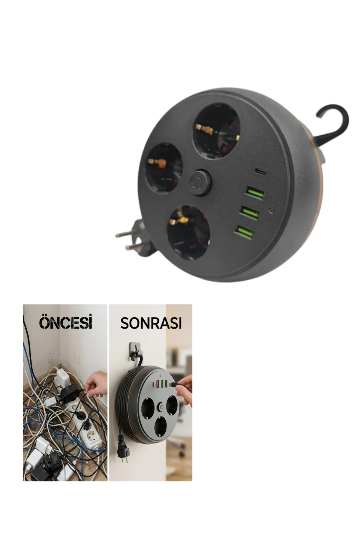Güvenli Çoklu Priz 3 Priz 3 Usb 1 Type C Termal Koruma Uzun Kablo - Just Cheap Store Görsel 5
