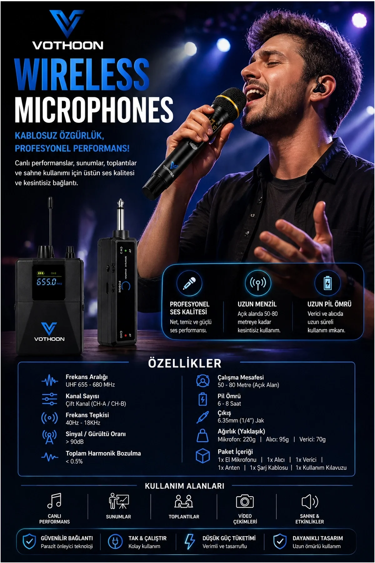 Wireless Mikrofon Sistemi Uhf Kablosuz El Mikrofonu Profesyonel Ses Performansı 50 Mt Menzil - Just Cheap Store Görsel 2