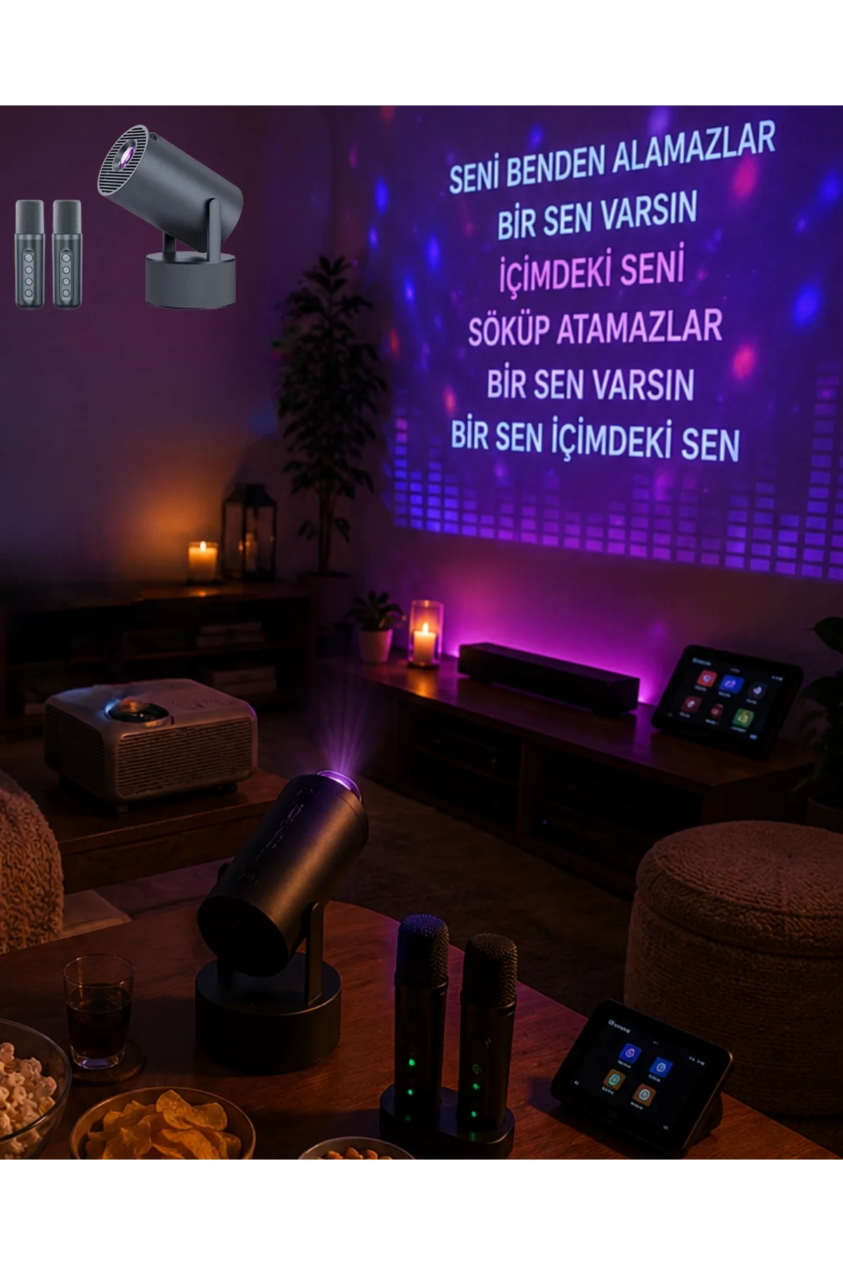 Bluetooth Hoparlörlü Akıllı Projektör Kablosuz Karaoke Mikrofonlu