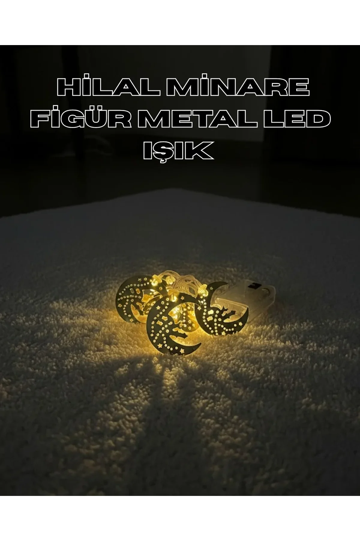 Gold Renk Metal Minareli Hilal Led Işık Pilli Ramazan Süsü