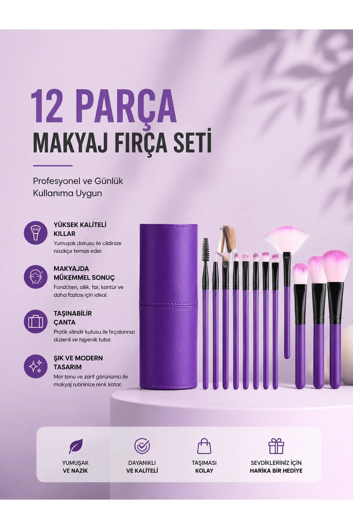 12'li Makyaj Fırça Seti Yumuşak Kıllı Profesyonel Kullanıma Uygun