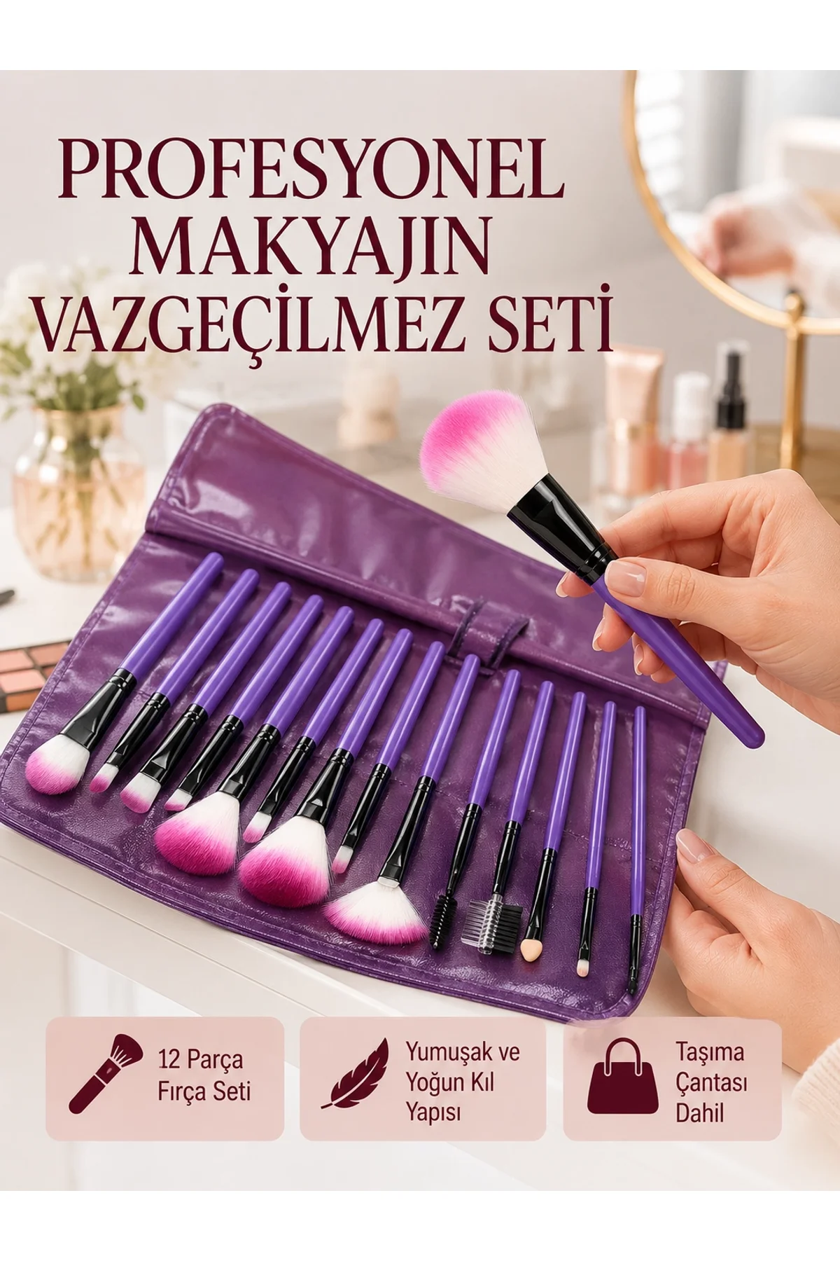 Doğal Görünüm Sağlayan Yumuşak Kıllı 12 Parça Makyaj Fırça Seti Günlük Ve Profesyonel Kullanıma Uygu