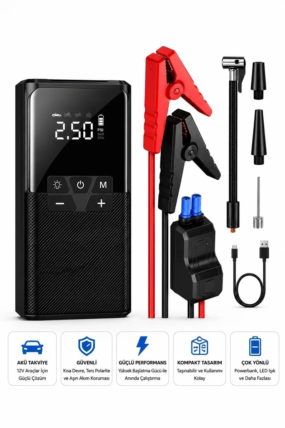 Vothoon12000 Mah Akıllı Akü Takviye Ve Dijital Hava Pompası Akım Korumalı - Just Cheap Store Görsel 2