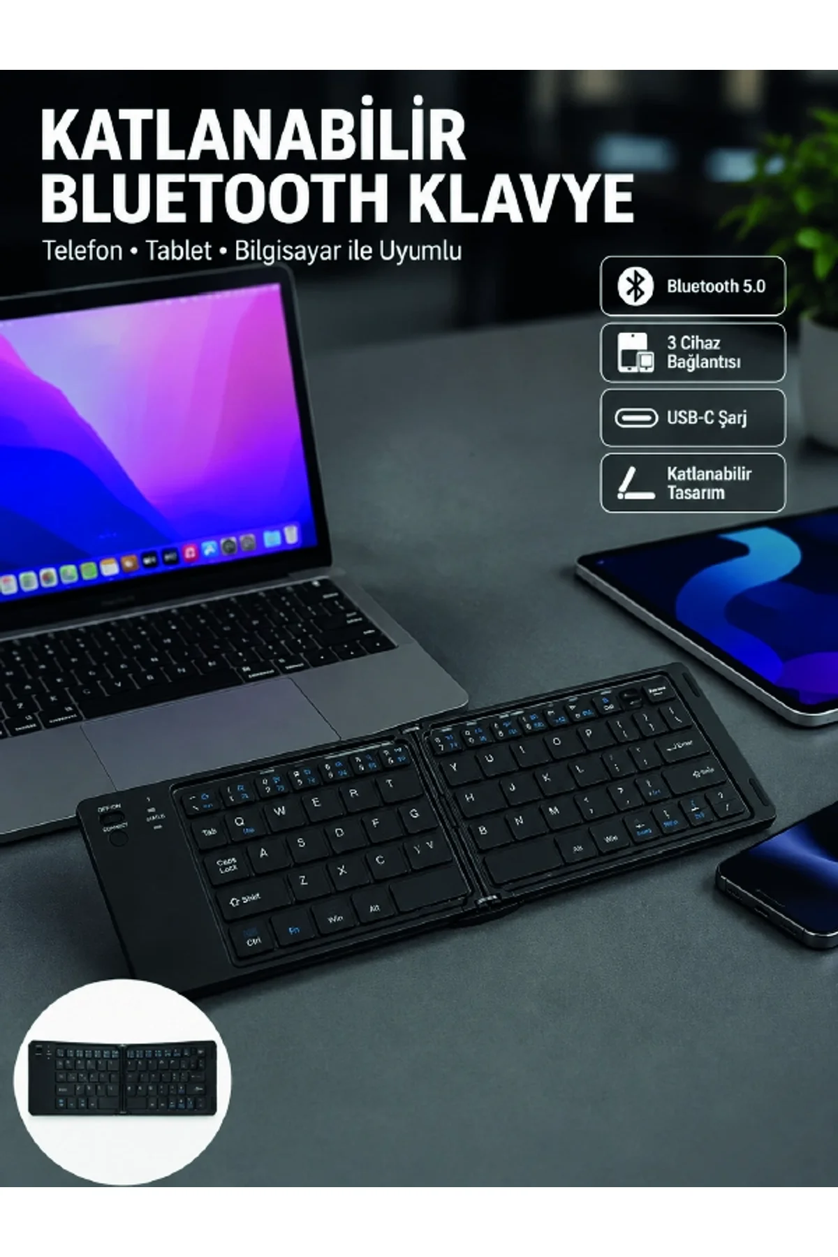 Katlanabilir Bluetooth Klavye 3 Cihaz Bağlantılı Kablosuz Taşınabilir Klavye