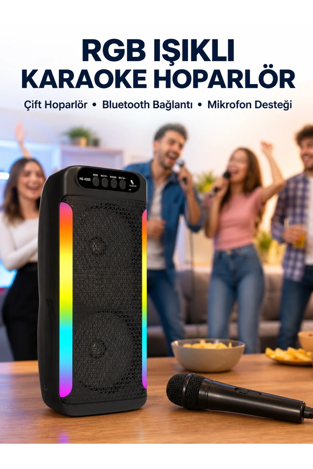 Rgb Işıklı Çift Hoparlörlü Taşınabilir Bluetooth Speaker Ve Mikrofon Yeni Nesil