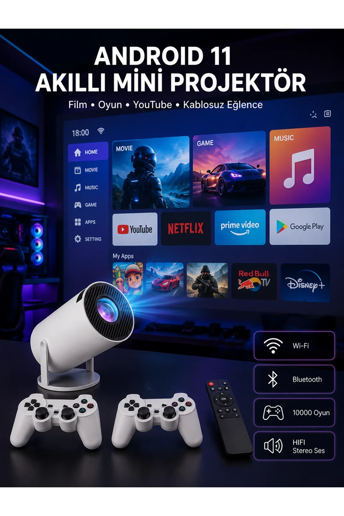 Full Hd 8 Gb Ayaklı Çift Kollu 4k Video Oyun Konsolu Taşınabilir Yeni Nesil