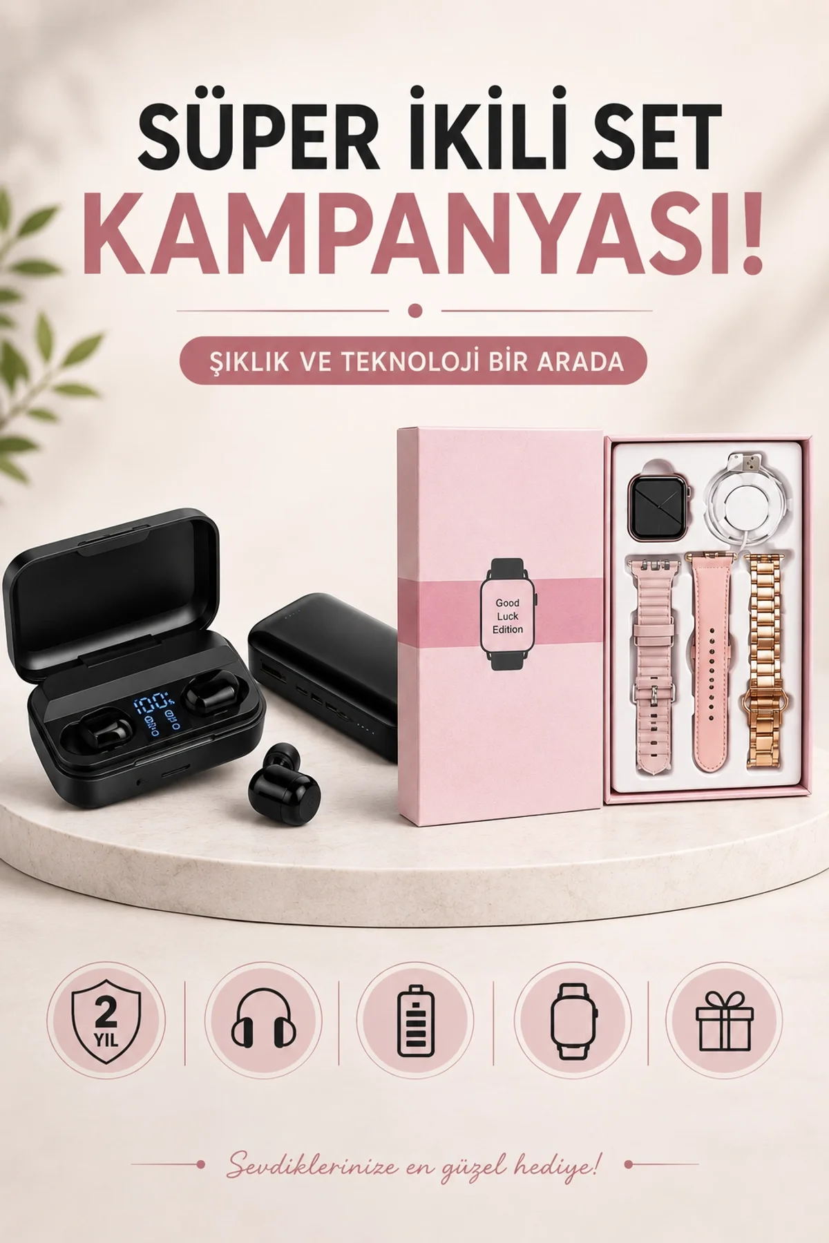 Wireless Şarjlı Pembe Akıllı Saat Ve Kablosuz Bluetooth Kulaklık Dokunmatik Kontrol