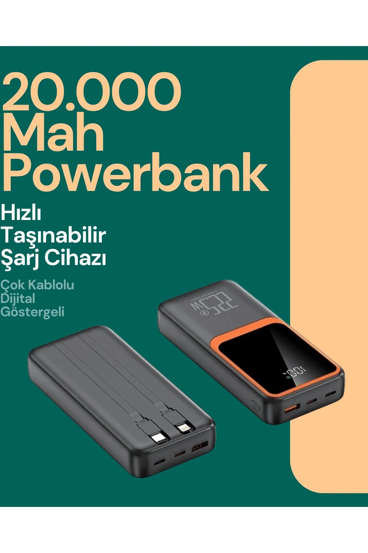 Taşınabilir Şarj Cihazı 20000 Mah | 22.5w Hızlı Şarj + Dijital Ekran + Kablo Dahil