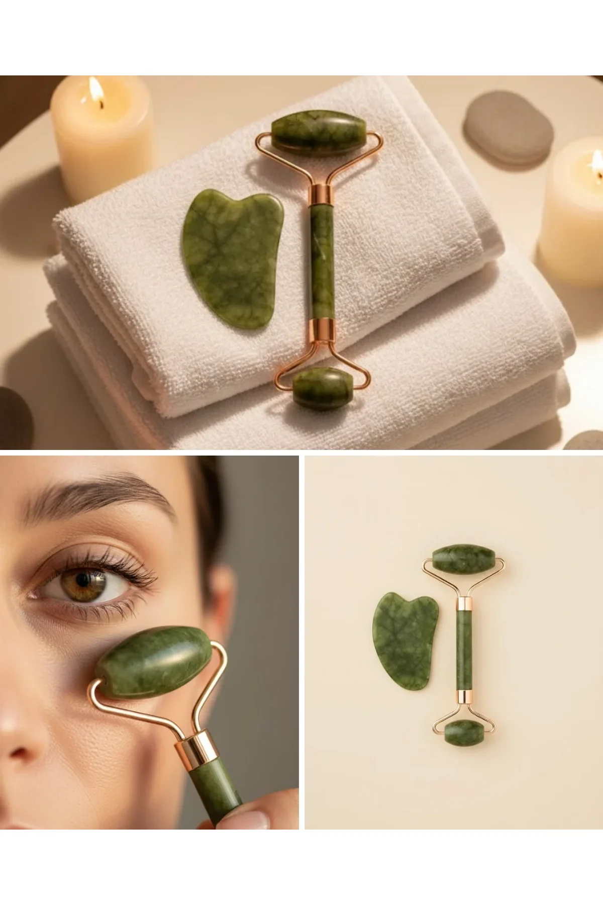 Yeşim Taşı Yüz Bakım Seti Çift Başlıklı Roller Ve Gua Sha