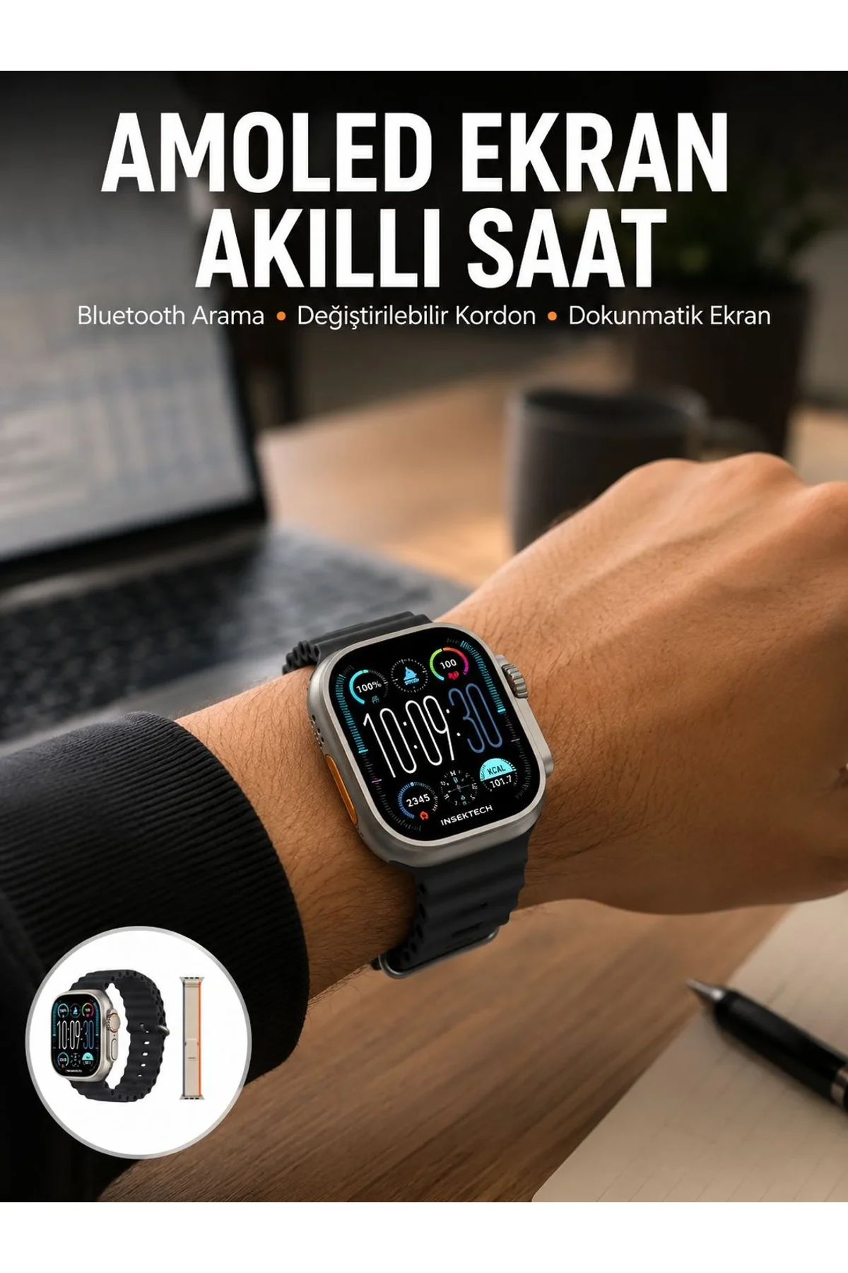 49mm Akıllı Saat Amoled Ekranlı Kadın Erkek Kol Saati Plastik Kordon Yeni Nesil