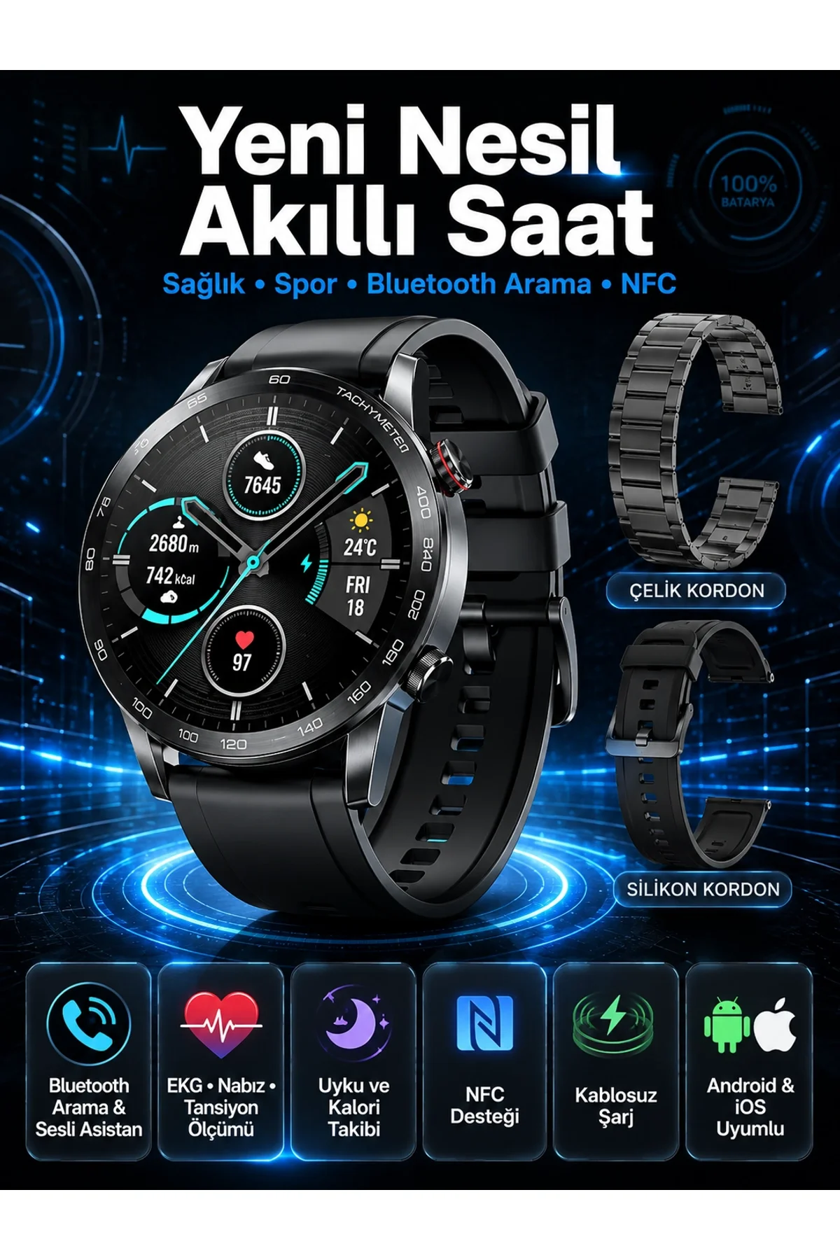 Suya Dayanıklı Dokunmatik Akıllı Saat Bluetooth 5.0, Sesli Asistan Ve Sağlık Takibi