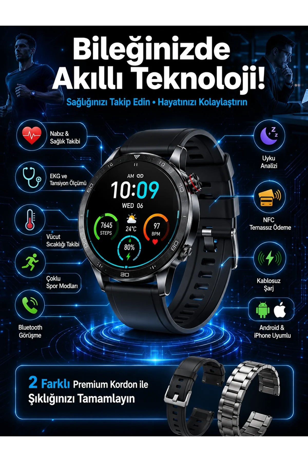 Çift Kordonlu Yüksek Çözünürlüklü Akıllı Saat Uyku İzleyici &amp; Spor Modları