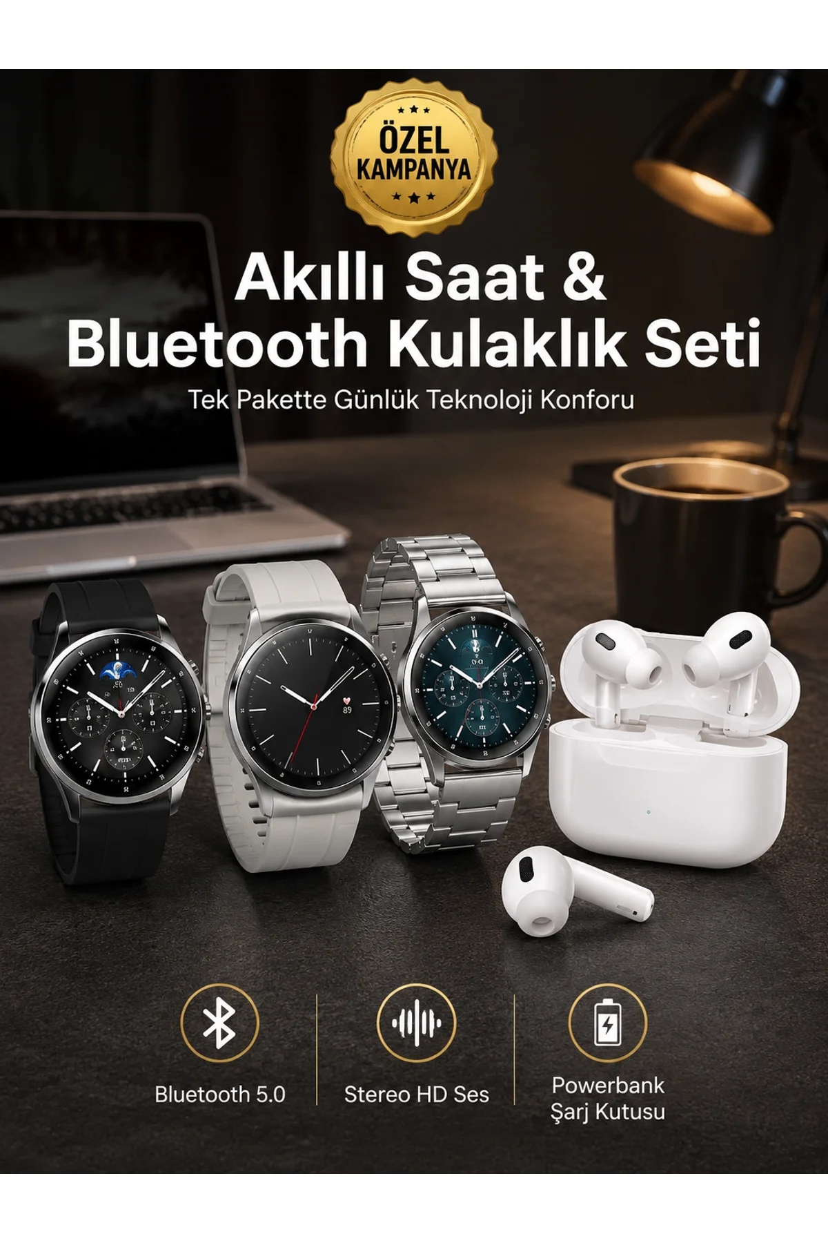 Aynalı Bluetooth Kulaklık Yeni Nesil Akıllı Saat Titreşimli Nabız Ölçer Spor Modları