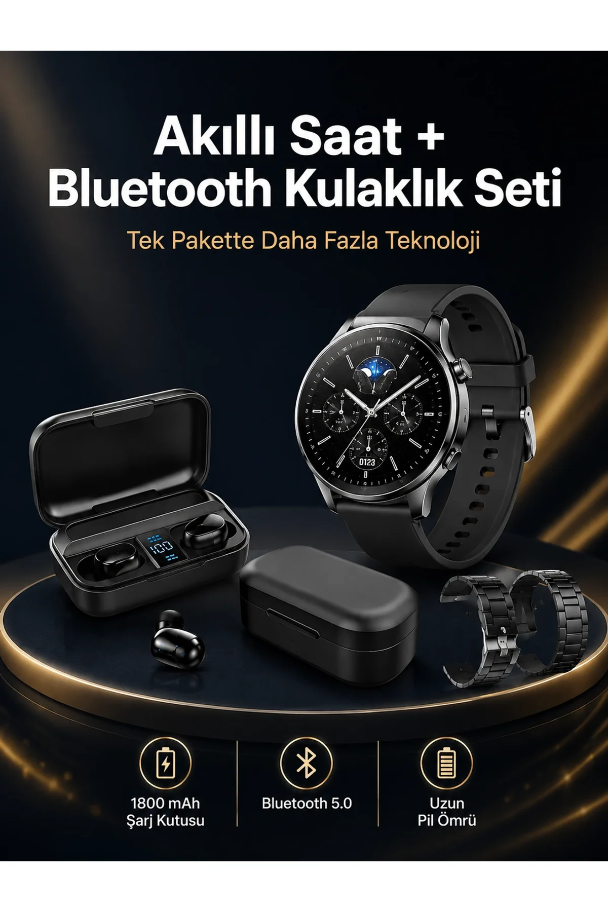 Kablosuz Bluetooth Kulaklık Ve Kordon Hediyeli Akıllı Saat Nabız Ölçer Uzun Pil Ömrü