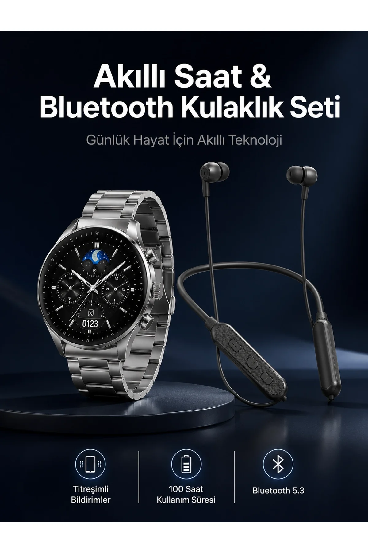 Alarm Ve Titreşim Özellikli Akıllı Saat Ve Mikrofonlu Kablolu Bluetooth Kulaklık 60 Saat