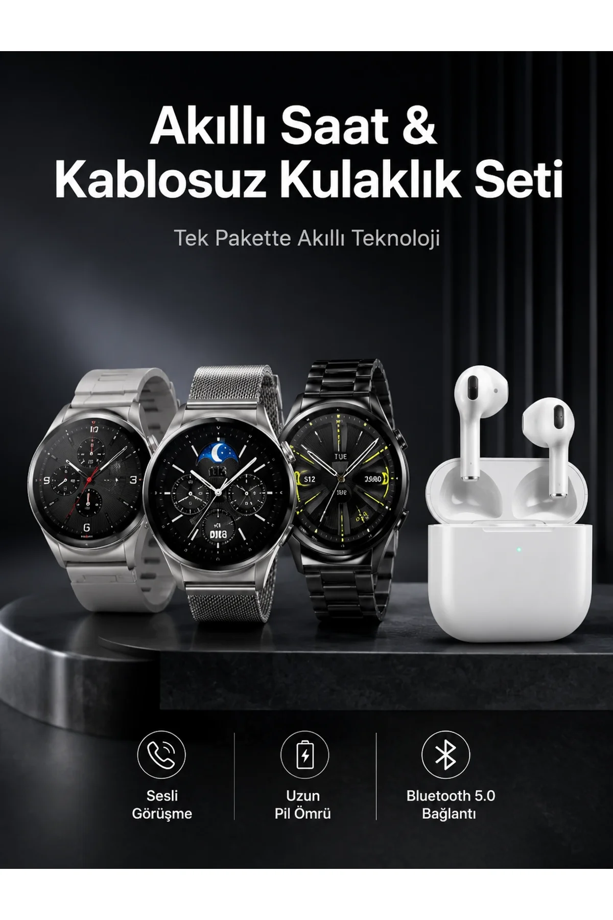 Akıllı Saat Ve Kulaklık Seti Dokunmatik Ekran 5.0 Bluetooth Bağlantılı Sesli Görüşme