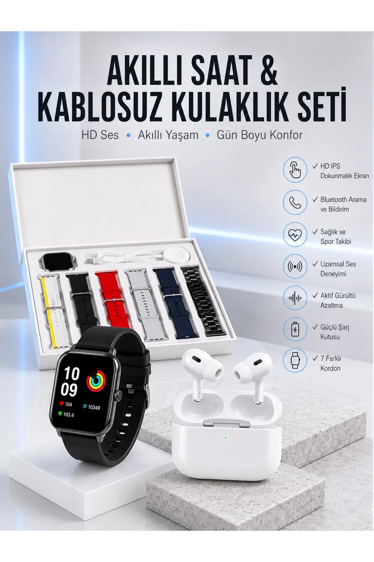 7 Kordonlu Akıllı Saat Ve Yeni Nesil Kulaklık Dokunmatik Ekran Android Ve İos Uyumlu
