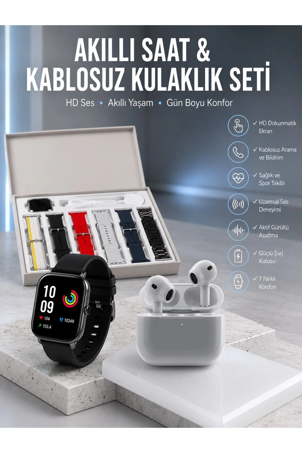 7 Kordonlu Akıllı Saat Ve 3.nesil Kulaklık Dokunmatik Ekran Sesli Görüşme Yapabilen