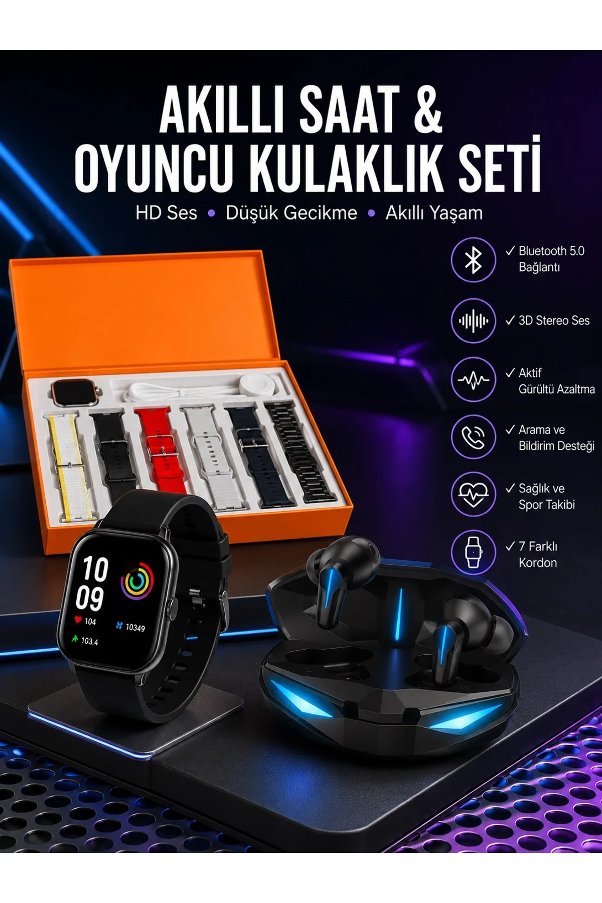 7 Kordonlu Akıllı Saat Ve Kulaklığı Anc Özelliği Kulak İçi Mikrofonlu Sesli Görüşme