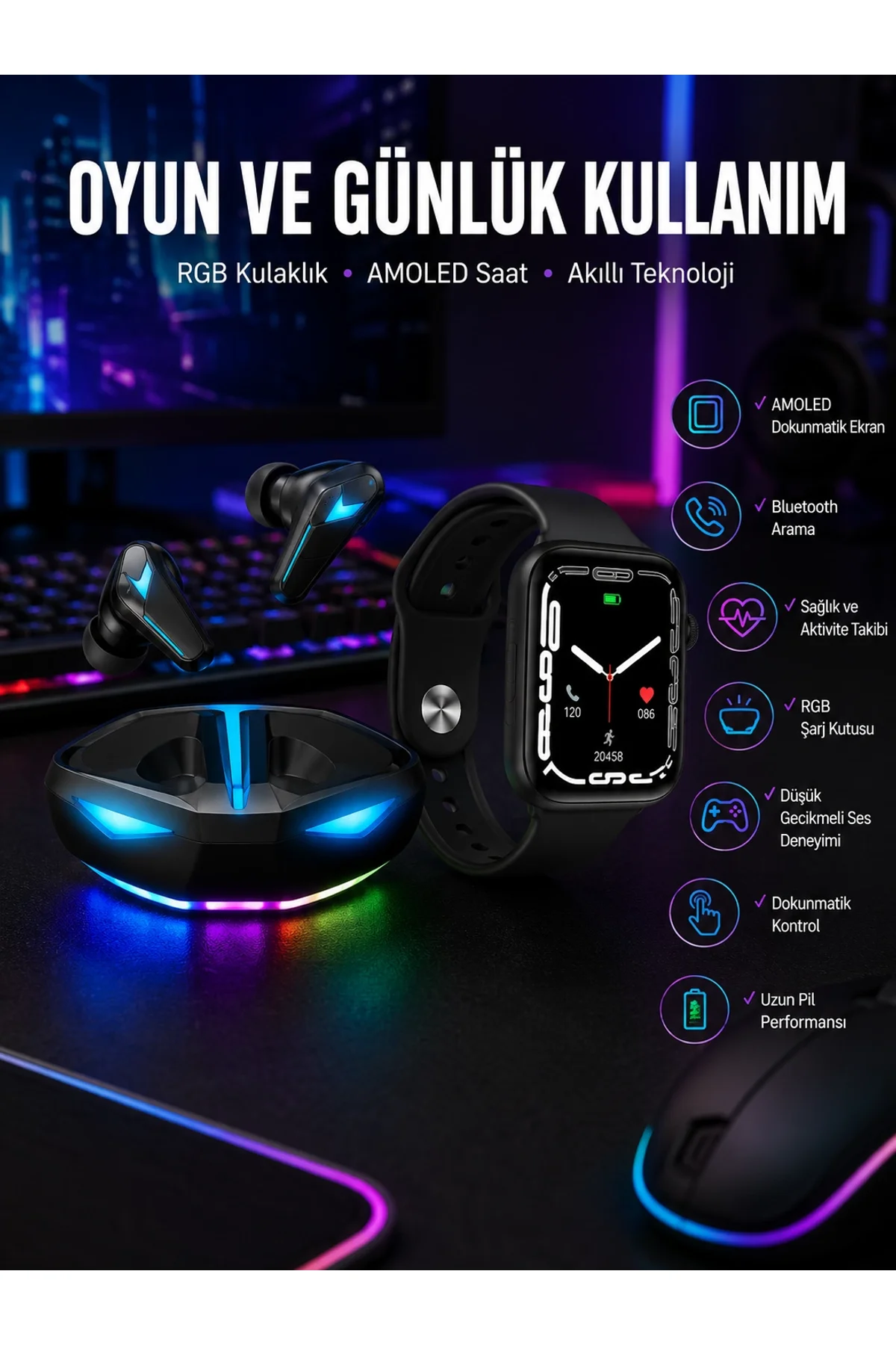 Yeni Nesil Akıllı Saat Ve Kablosuz Kulaklık Kampanyası İkili Set Bluetooth Bağlantılı