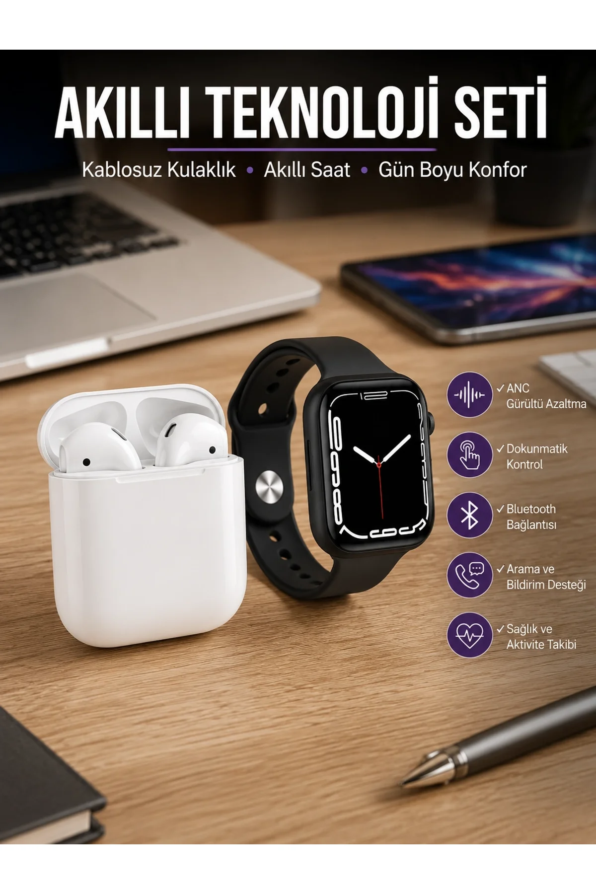 2025 Model Akıllı Saat Ve 2.nesil Tws Bluetooth Kulaklık Anc Özelliği Amoled Ekran