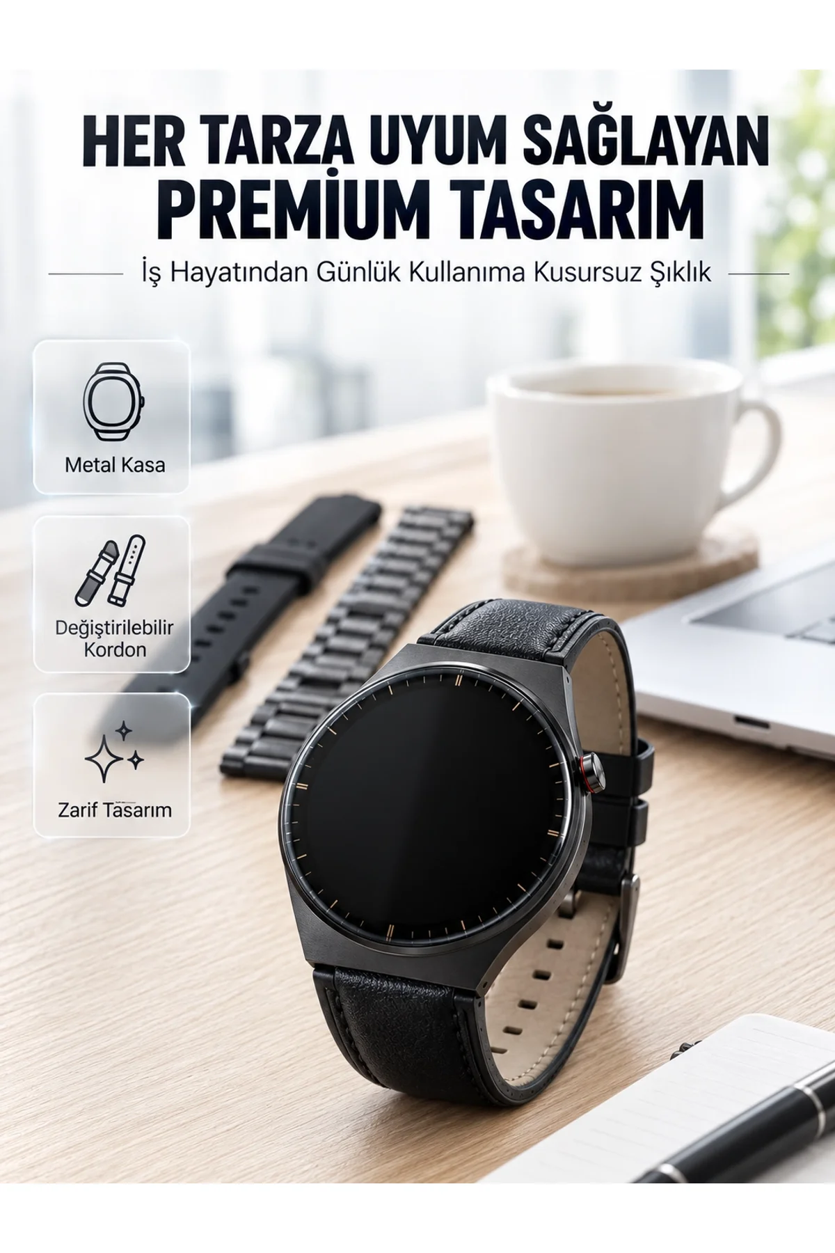 3 Kordonlu Amoled Ekran Bluetooth Aramalı Akıllı Saat Metal, Deri Ve Silikon Kordon Seti