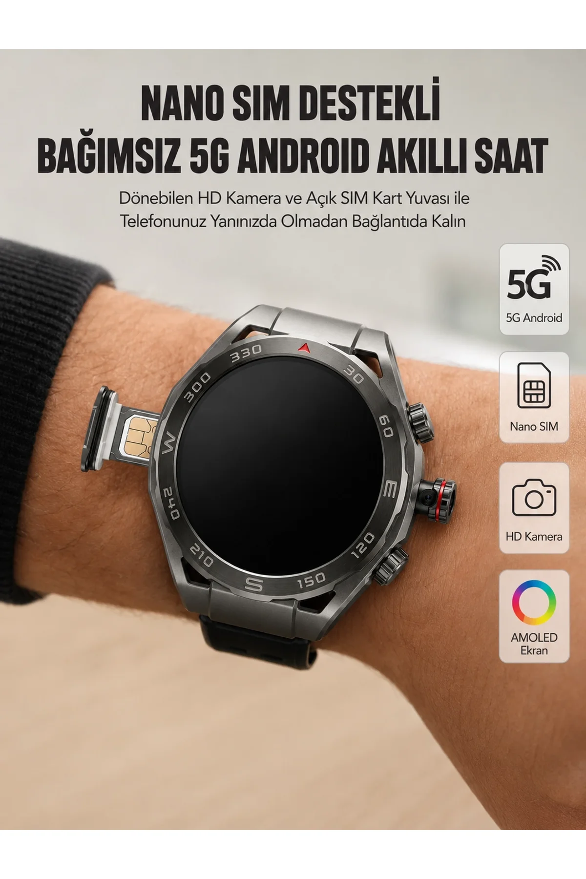 Kameralı 5g Android Akıllı Saat Amoled Ekran Wi-fi Gps Sım Kart Destekli