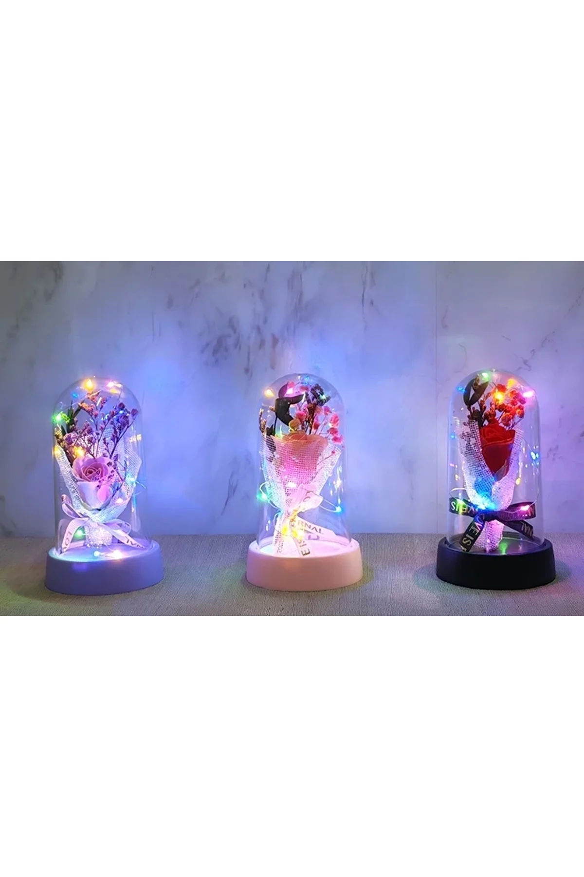Led Işıklı Müzikli Cam Fanus İçinde Gül Buketi Alk5006