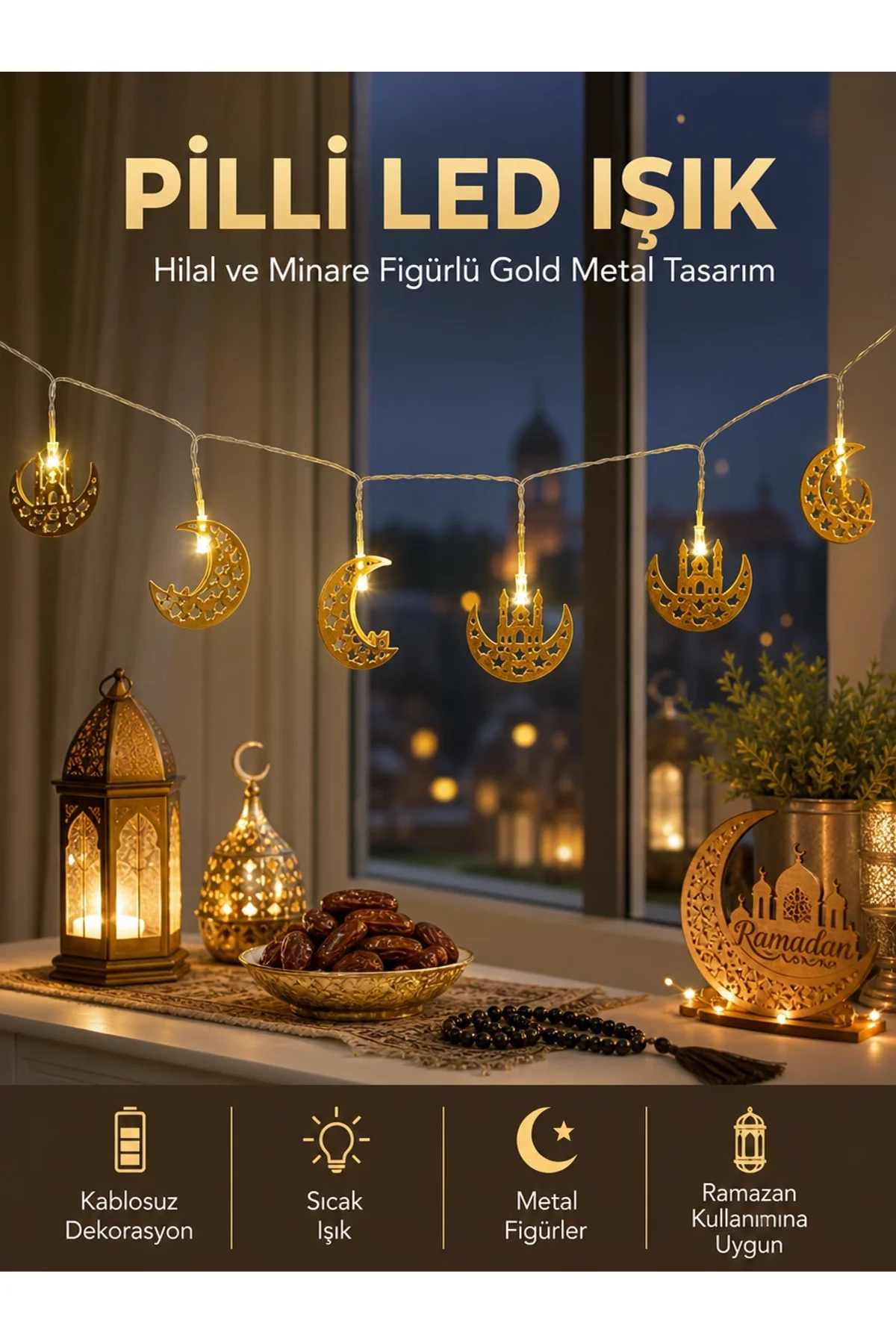 Pilli Minareli Hilal Led Işık Gold Metal Ramazan Dekorasyonu