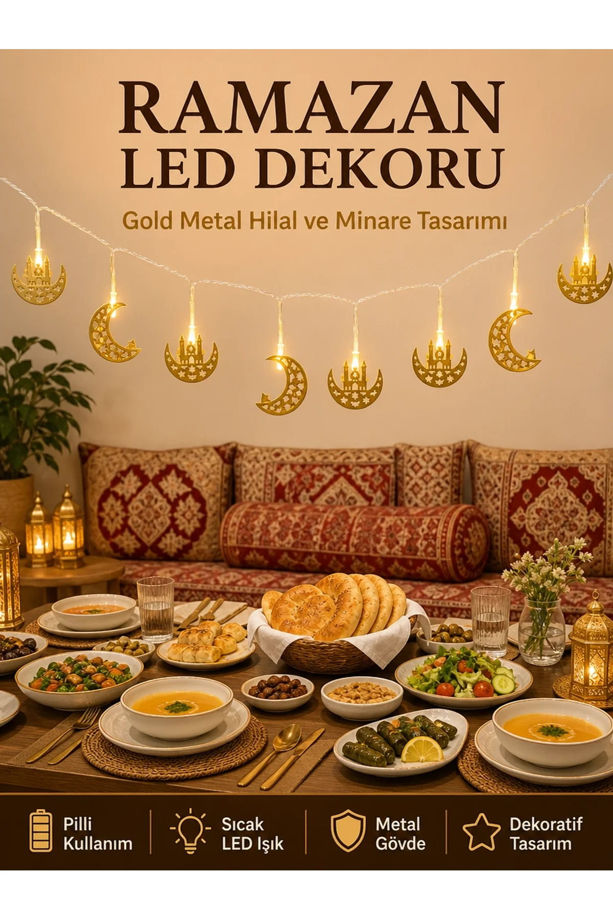 Minareli Hilal Led Işık Gold Metal Gövdeli Pilli Ramazan Dekoru