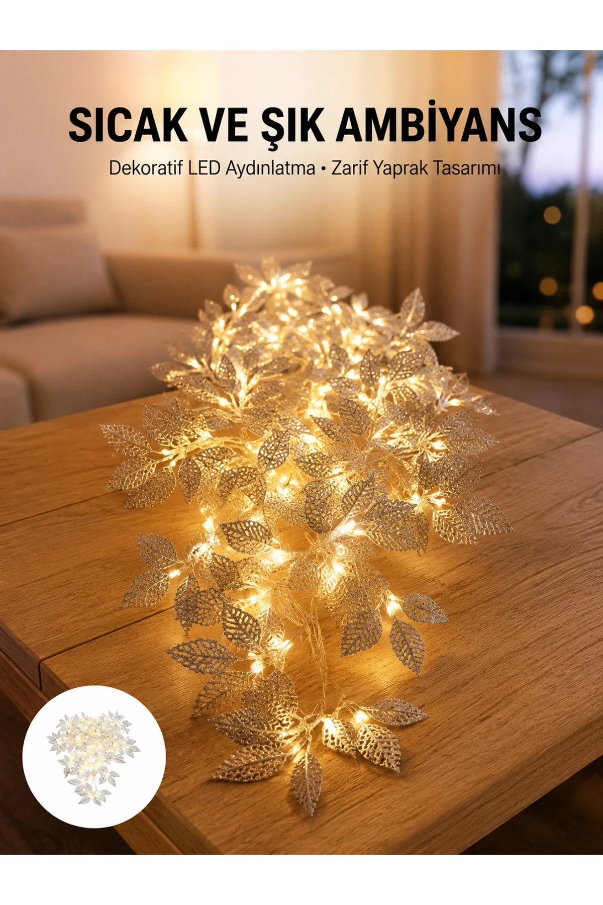 Gümüş Yaprak Tasarımlı Led Işık Pilli Ev Ve Vitrin Dekoru