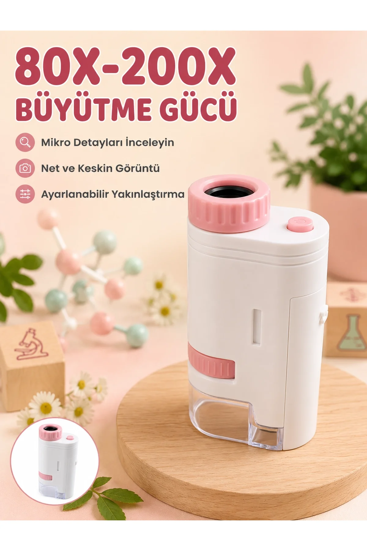 Eğitici Taşınabilir Mikroskop Ayarlanabilir Focus, Led Işık Ve 80x-200x Yakınlaştırma