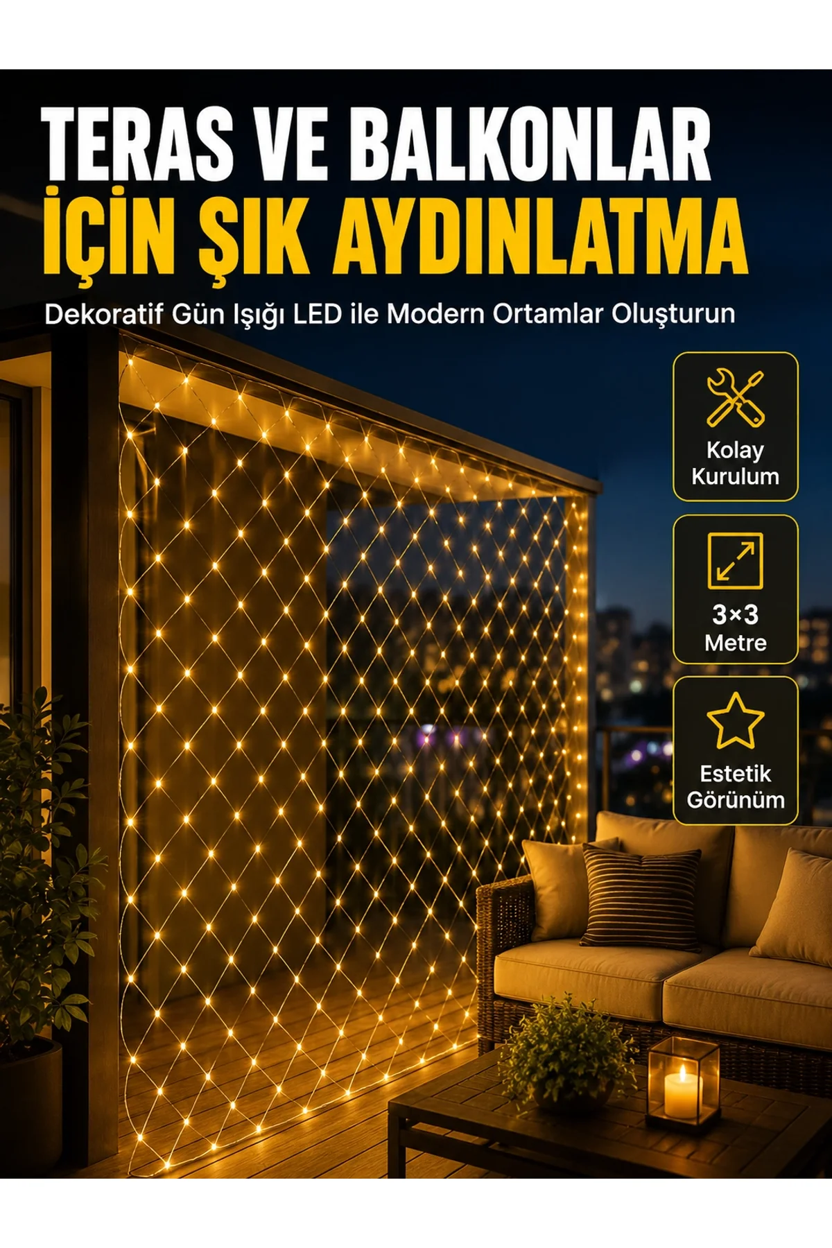 İç Ve Dış Mekân Kullanımına Uygun 3x3 Metre Led Işık Ağı