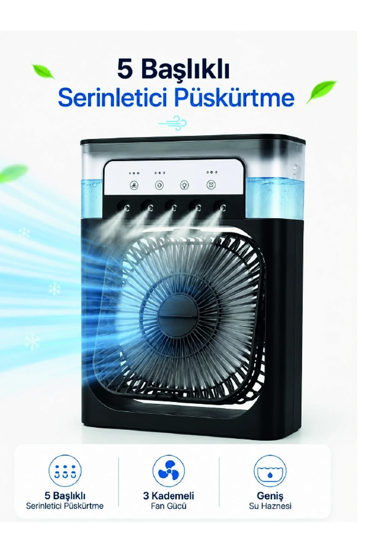 Modern Püskürtmeli Masaüstü Fan Geniş Su Haznesi, 5 Sis Çıkışı, 3 Kademe Fan Gücü