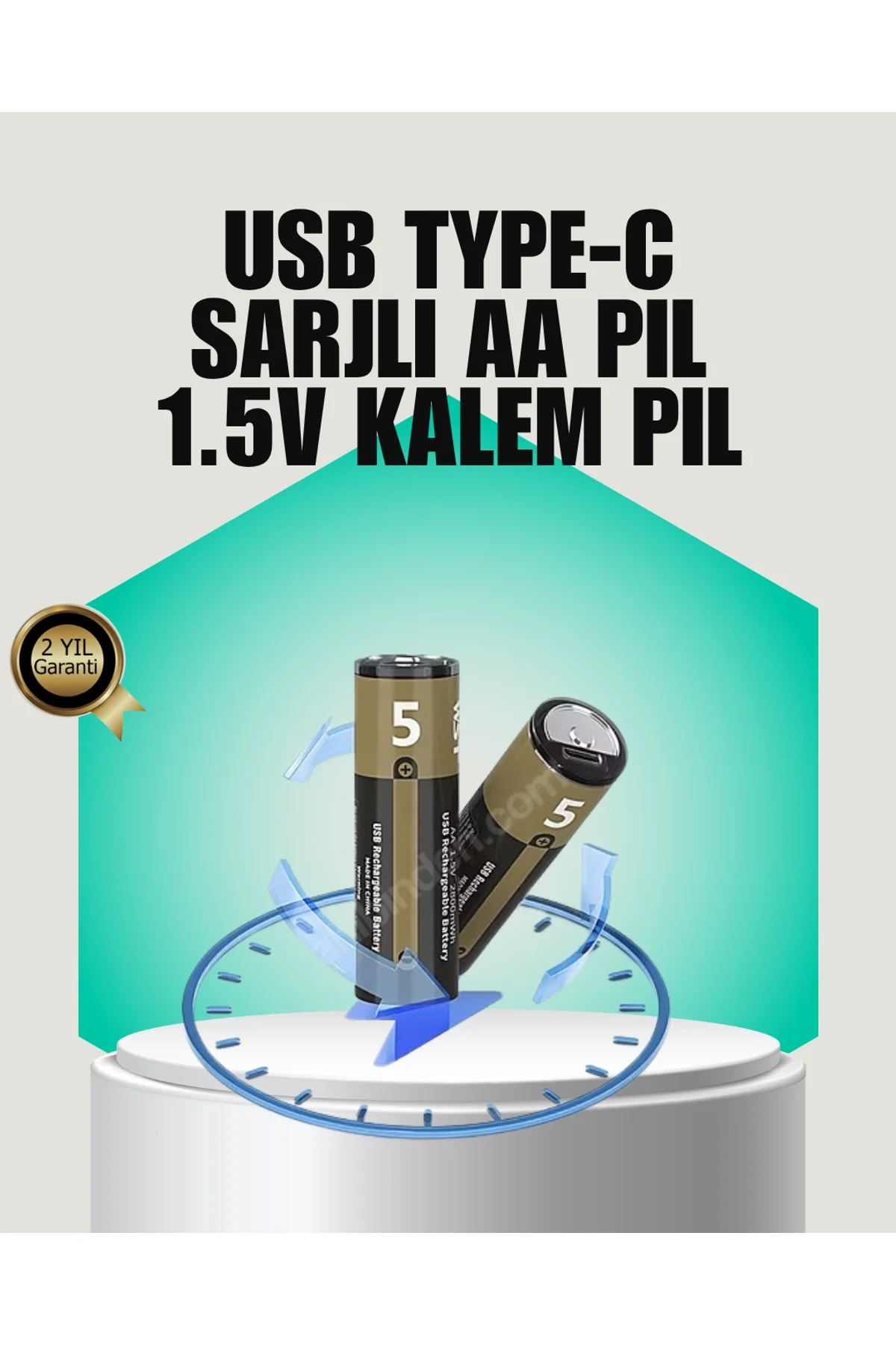 1.5v Aa Şarjlı Lityum Pil | 1000+ Kez Şarj Edilebilir | Hızlı Type-c Şarj (2 Adet)