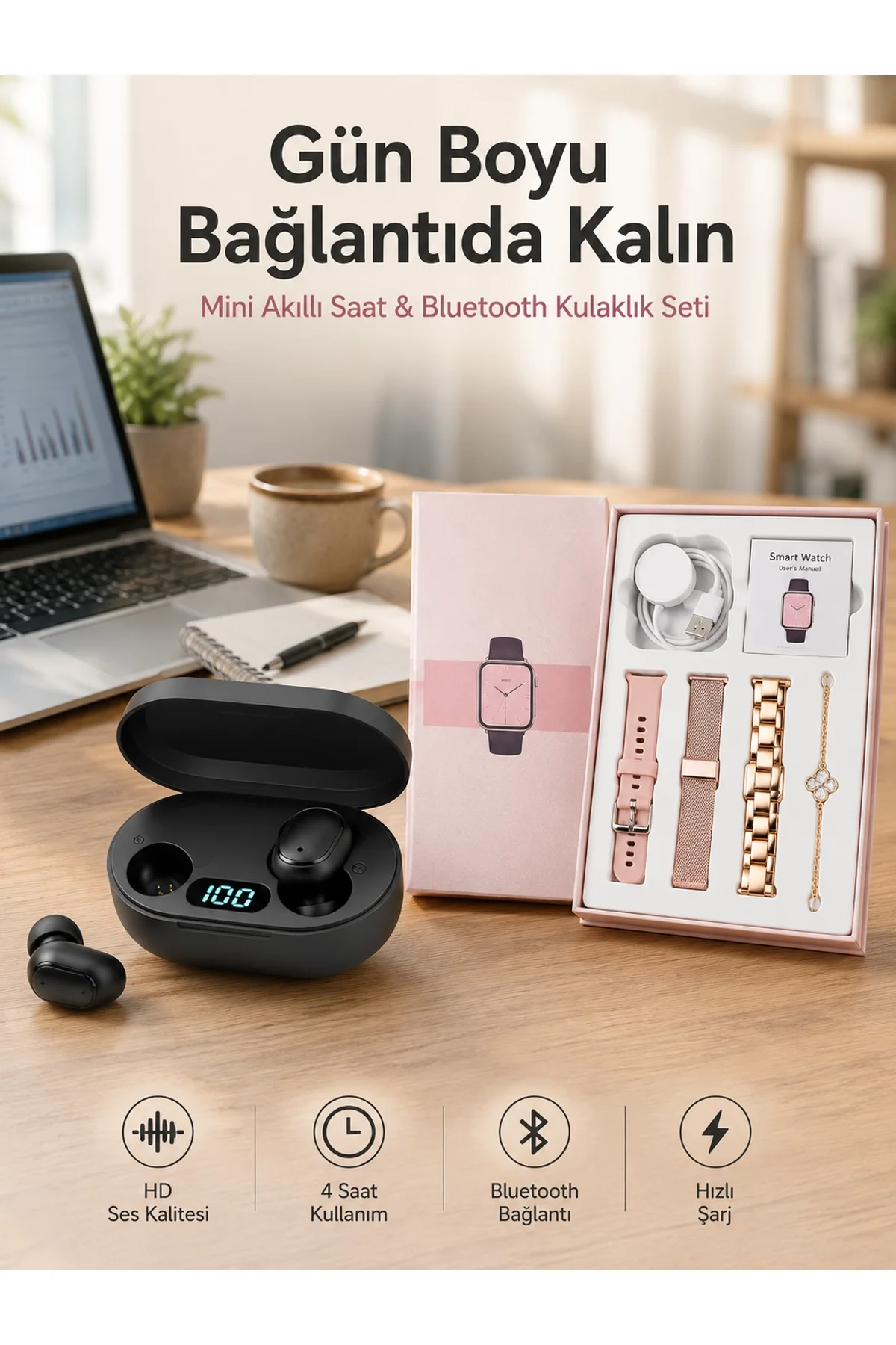 Nabız Ölçer Hediye Bileklikli Akıllı Saat Ve Dijital Göstergeli Bluetooth Kulaklık Çoklu Şarj Girişi