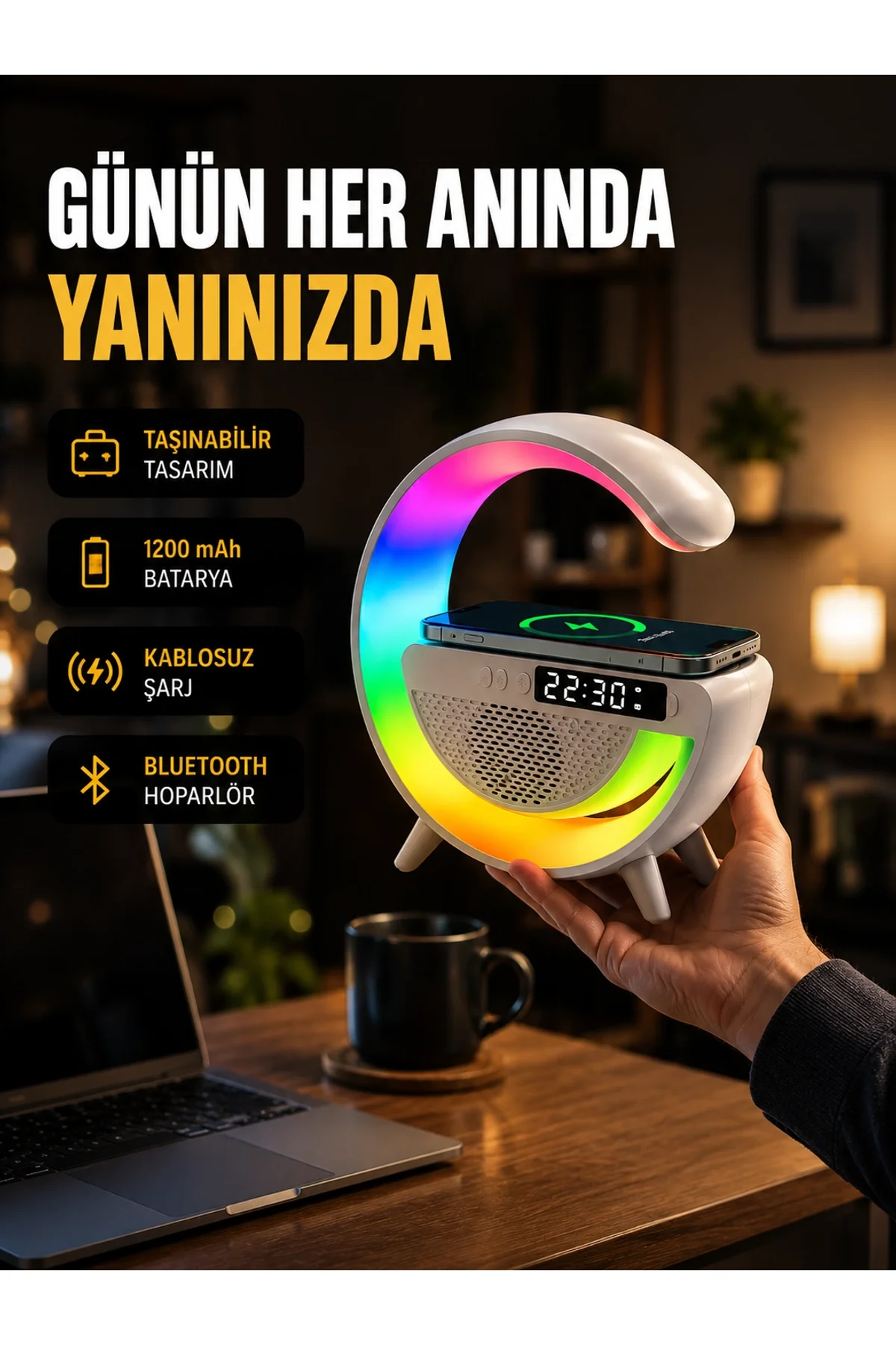 Kablosuz Şarjlı Led Masa Lambası Çalar Saat Ve Beyaz Gürültü Özellikli