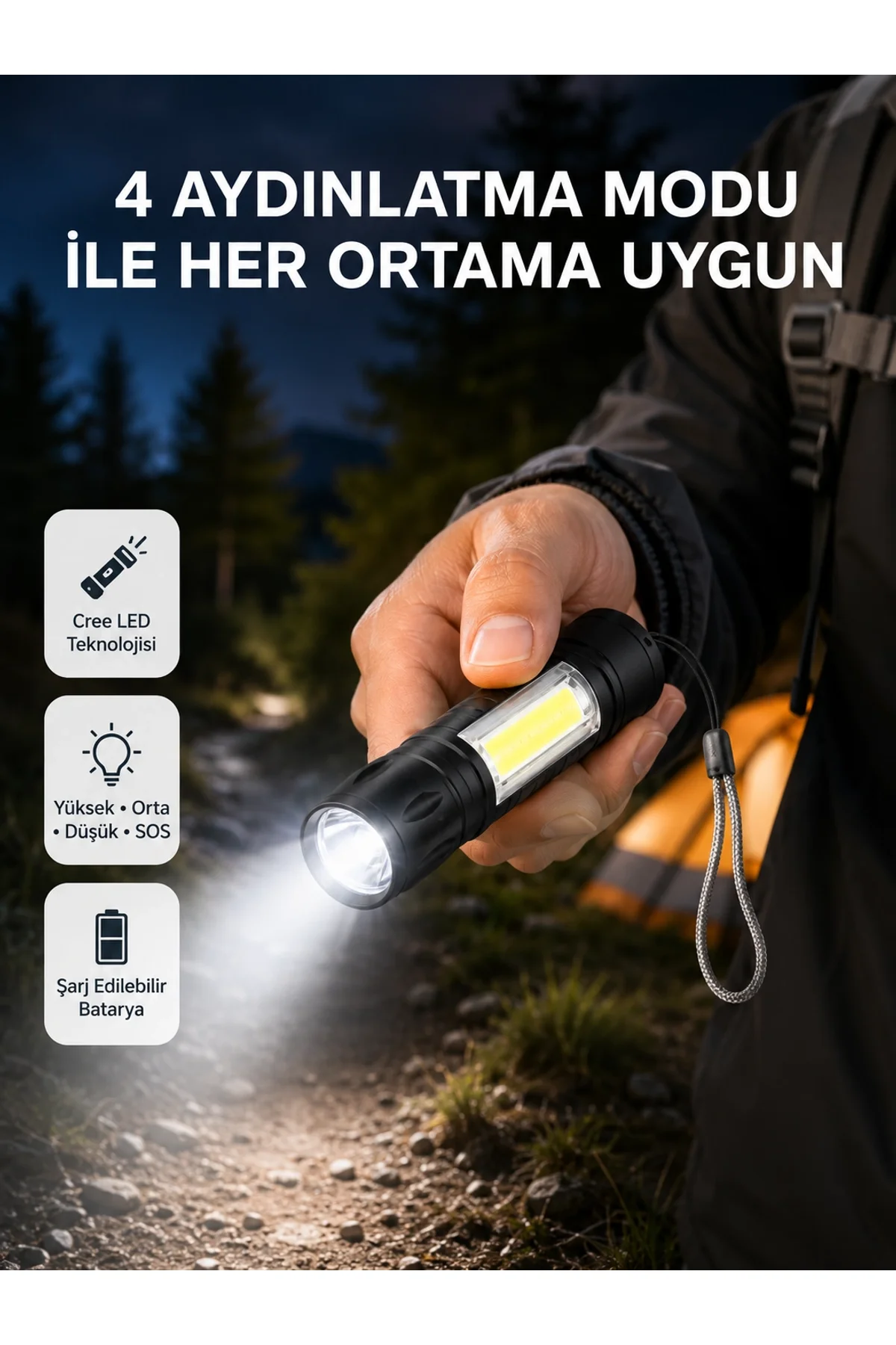 Ultra Dayanıklı 4 Mod Şarjlı Işıldak | Suya Ve Darbeye Dayanıklı | 100.000 Saat Led Ömrü