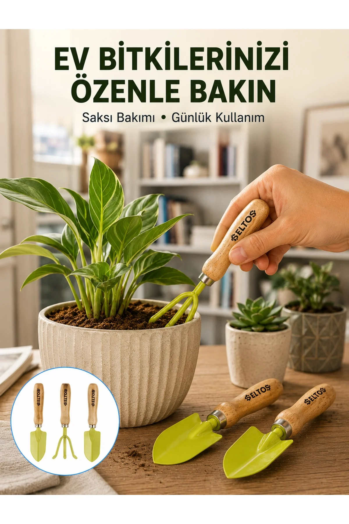 Ahşap Saplı Mini Bahçe El Aleti Seti Saksı Ve Çiçek Bakım Seti