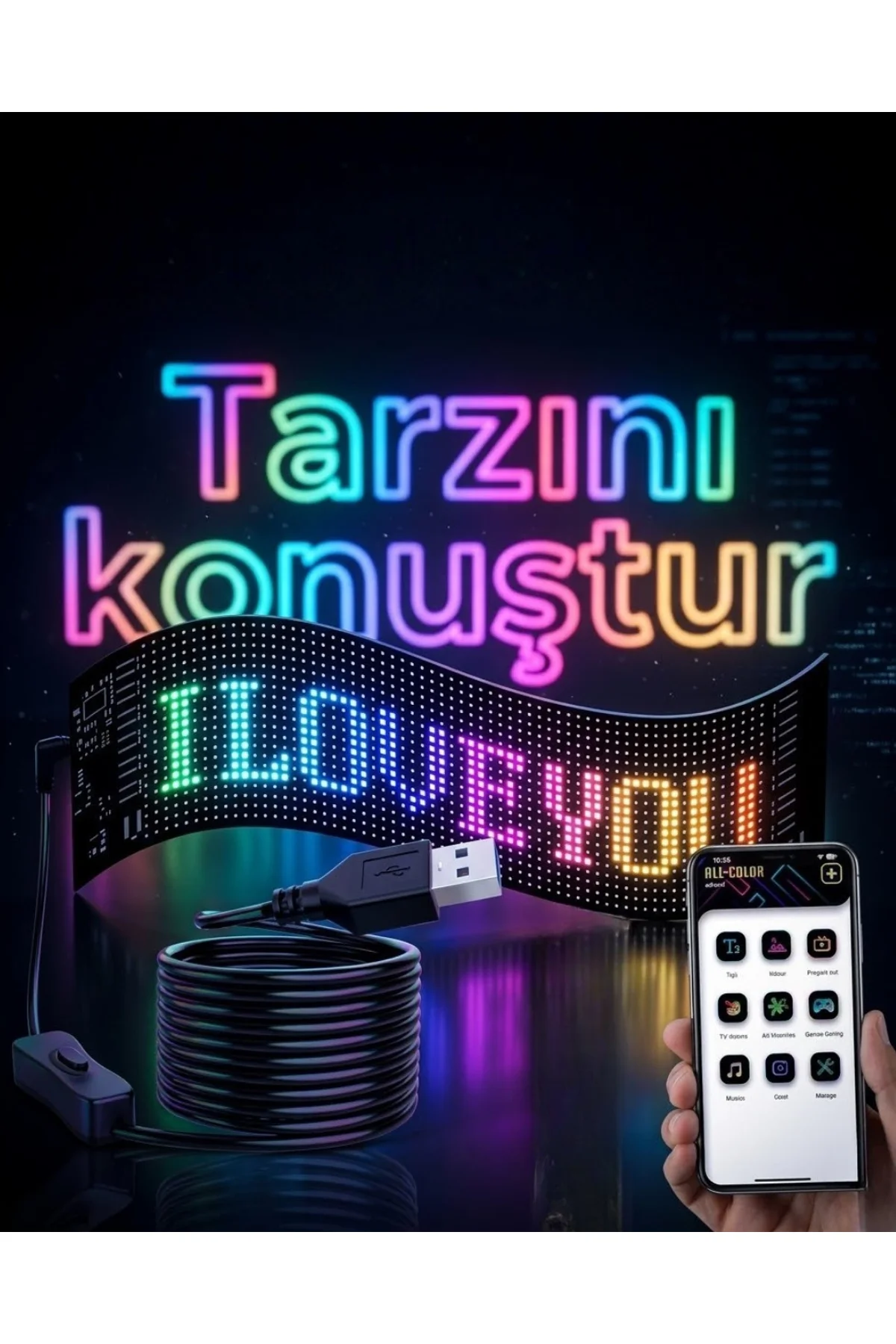 16x96 Led Yazı Paneli 60 Cm Esnek Rgb Işıklı Programlanabilir Ekran
